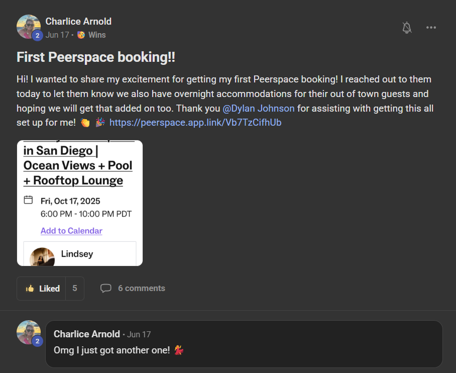 Charlice Arnold - First Peerspace booking